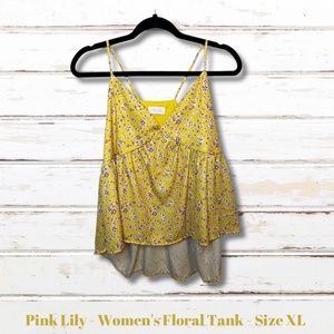 Pink Lily Boutique Floral Tank Yellow with Lilac Flowers Spaghetti Strap Size XL